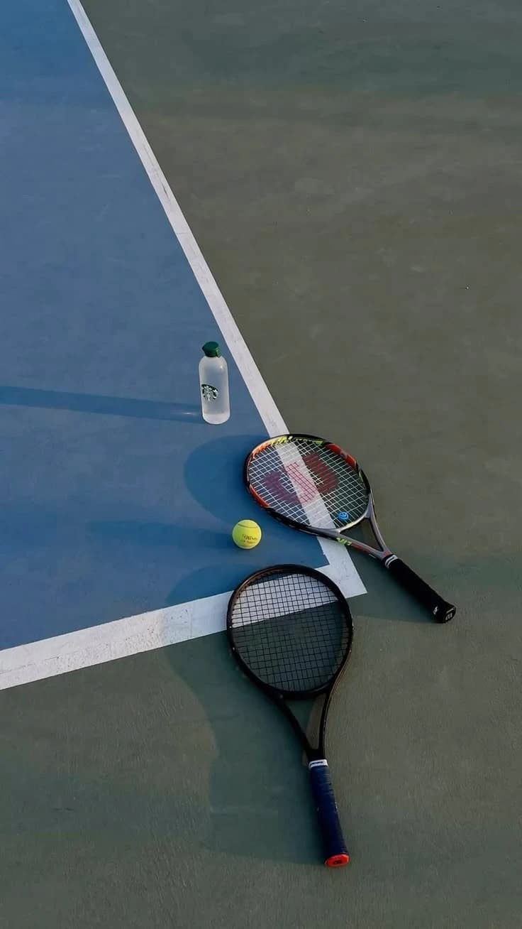 Two tennis racquets, a ball and a water bottle on a blue court.